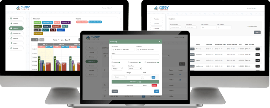 Cubby Complete screenshots showing invoicing, booking search, extra charges and calendar management.